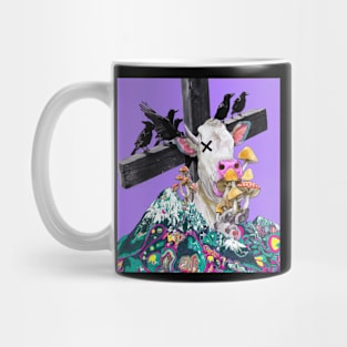 90's style cow and crow eating mushrooms Mug